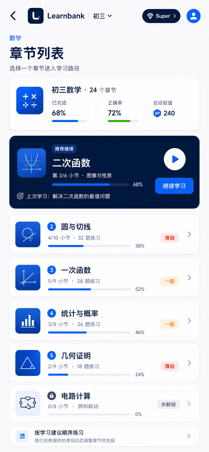 数学章节界面设计示例，二次函数、圆与切线和一次函数