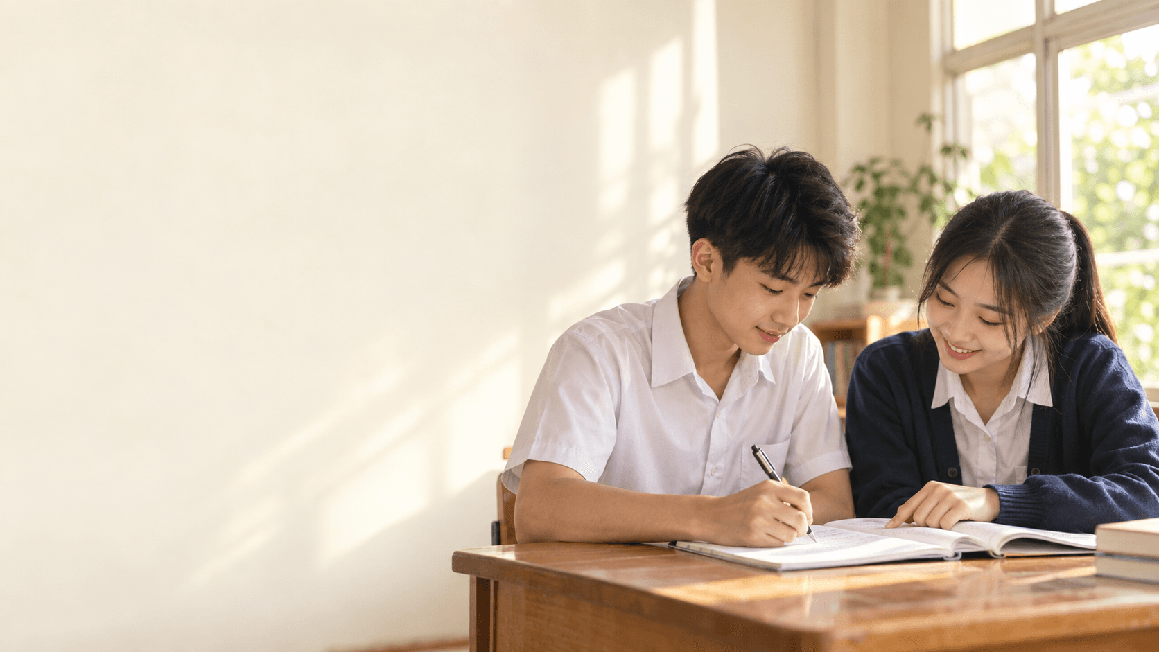 暖色校园情境：两位中学生在阳光下共同学习