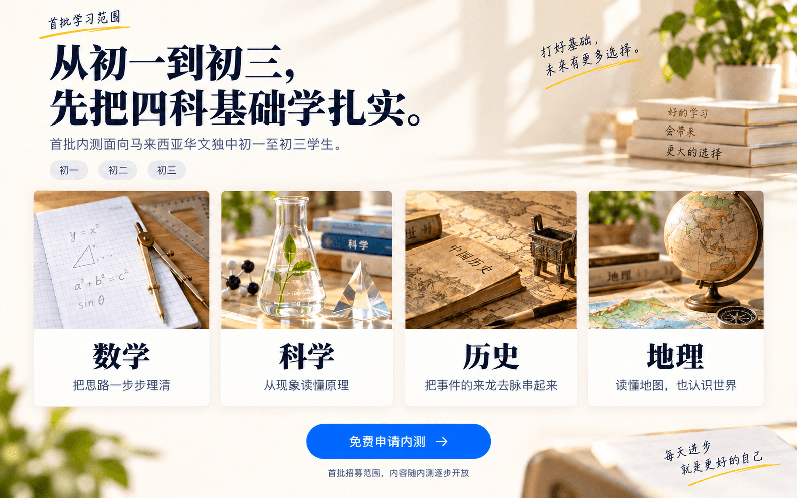 数学、科学、历史和地理四张学习卡；首批面向马来西亚华文独中初一至初三学生。